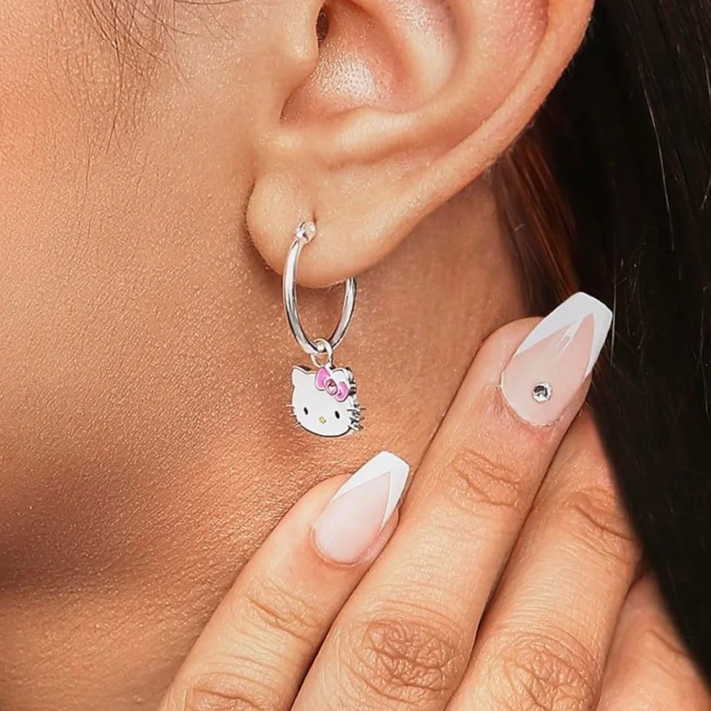 New Hello Kitty Silver Plated Hoop Earrings with White & Pink enamel charm.